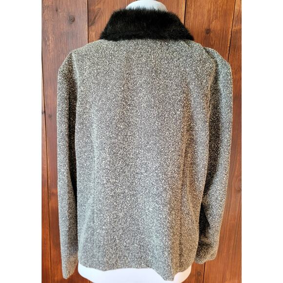 Women 14 Black & White Bouclé Blazer Faux Fur Collar Texture Tailored Whimsygoth - Picture 7 of 11